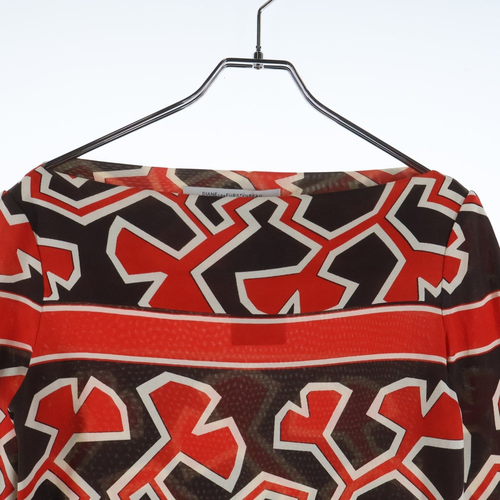 DIANE VON FURSTENBERG(ダイアン フォン ファステンバーグ) 総柄プリント シルクストレッチ 七分袖ワンピース レッド/ブラウン レディース