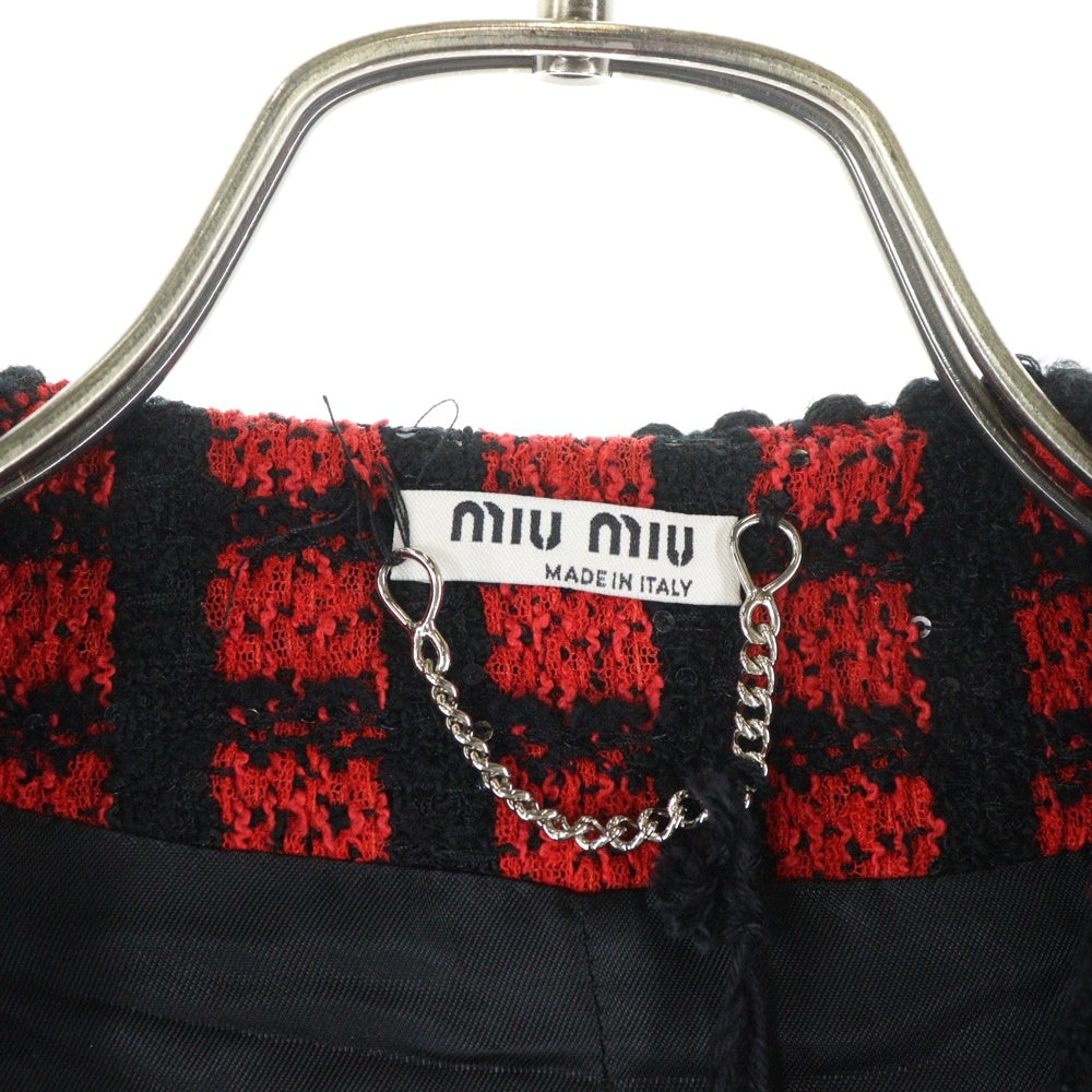 miumiu(ミュウミュウ) スパンコール ツイードジャケット チェック レッド/ブラック MH1535 レディース