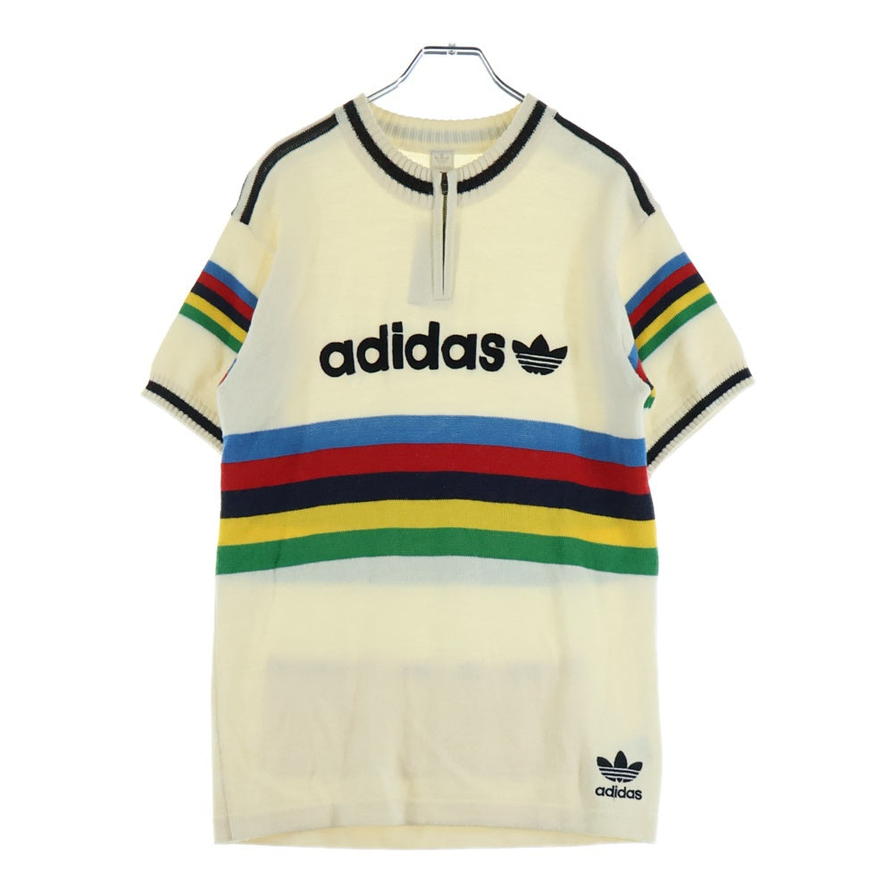 adidas(アディダス) フロントロゴ ハーフジップ 半袖ニットTシャツ カットソー アイボリー ATU002