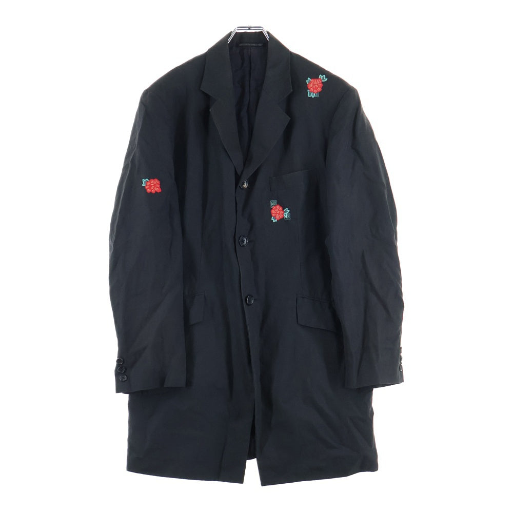 Yohji Yamamoto POUR HOMME(ヨウジヤマモト プールオム) 98SS 花刺繍 リネン 3B ロングテーラードジャケット コート ブラック HJ-J97-378