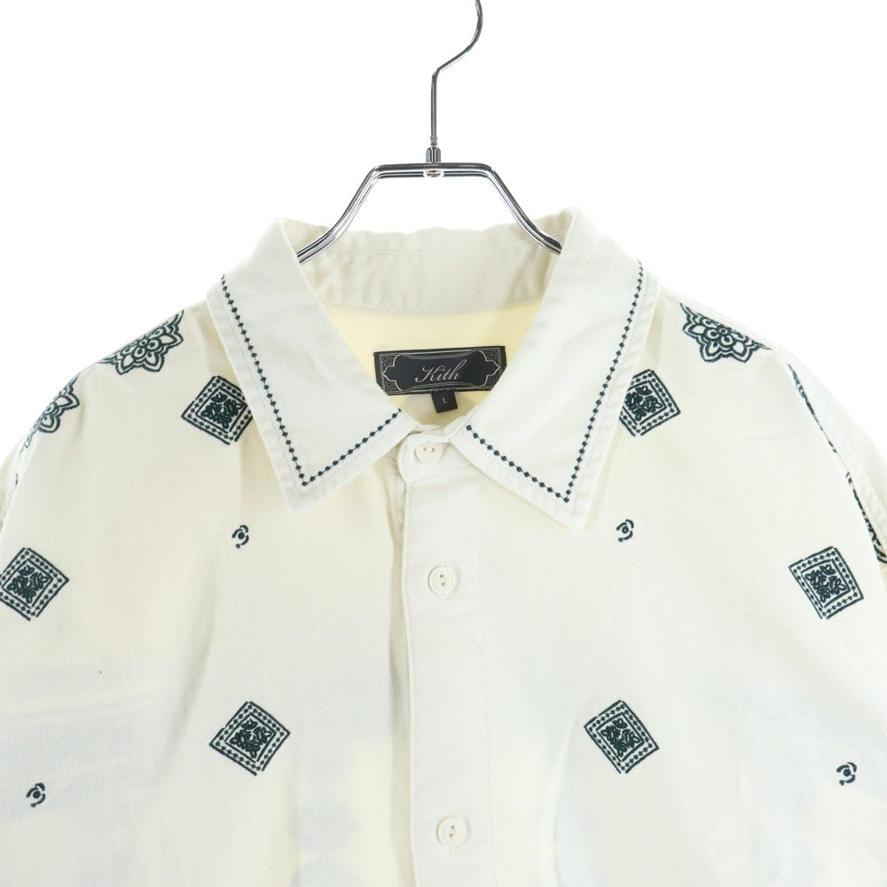 KITH(キス) 25SS RAW HEM DENIM APOLLO SHIRT STADIUM ロー ヘム デニム アポロ スタジアム カットオフ ロングスリーブ長袖シャツ ホワイト/グリーン KHM033140