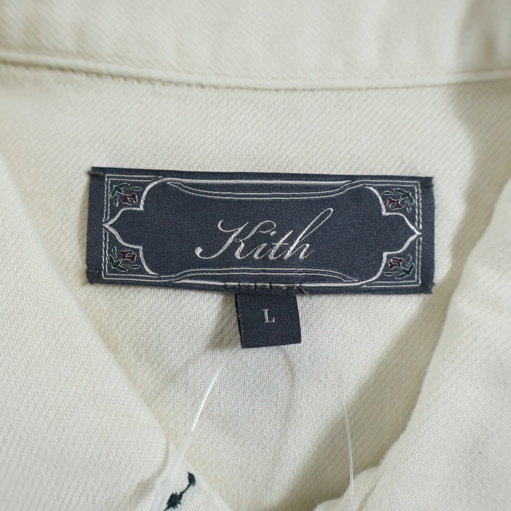 KITH(キス) 25SS RAW HEM DENIM APOLLO SHIRT STADIUM ロー ヘム デニム アポロ スタジアム カットオフ ロングスリーブ長袖シャツ ホワイト/グリーン KHM033140