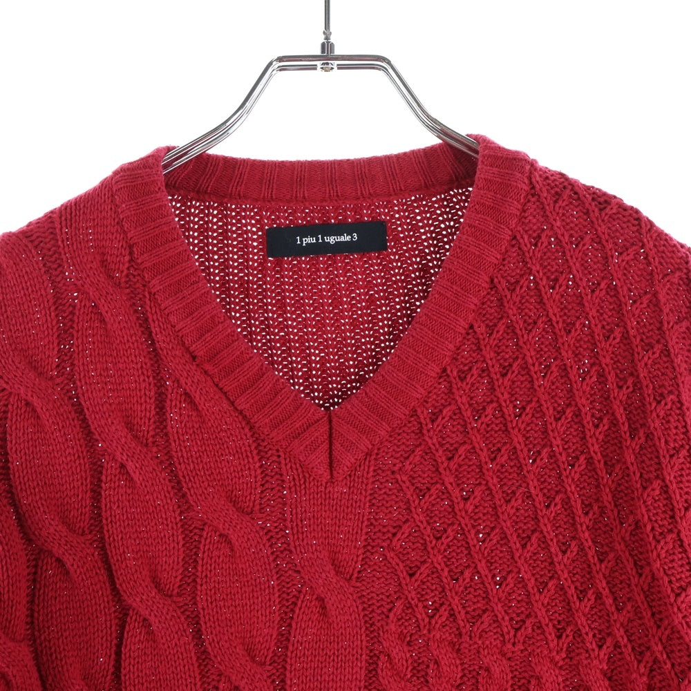 1 PIU 1 UGUALE 3(ウノピゥウノウグァーレトレ) RAFFY COTTON CABLE PATCH V-NECK ブイネック ケーブル ニットセーター レッド MRK146