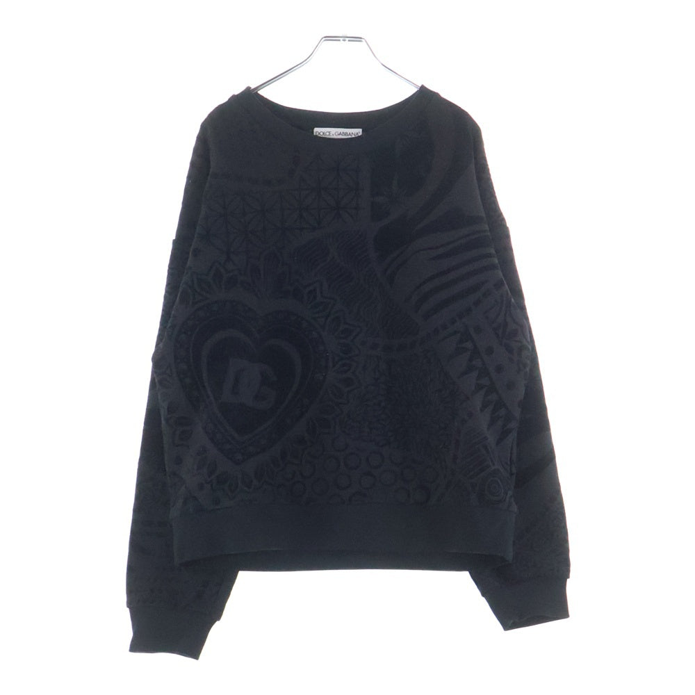 DOLCE & GABBANA(ドルチェアンドガッバーナ) イタリア製 総柄 グラフィックロゴワッペン ヘンリーネック スウェット トレーナー ブラック