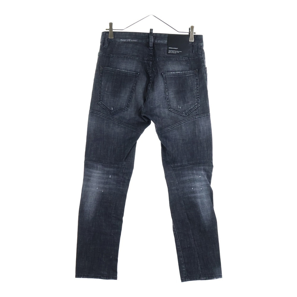 DSQUARED2(ディースクエアード) 23SS ロゴ パッチ コットン スリム カット ダメージウォッシュ加工 ボタンフライ デニムパンツ ブラック S71LB1140