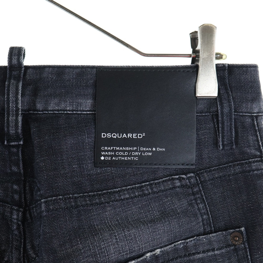 DSQUARED2(ディースクエアード) 23SS ロゴ パッチ コットン スリム カット ダメージウォッシュ加工 ボタンフライ デニムパンツ ブラック S71LB1140