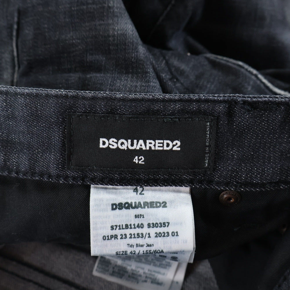 DSQUARED2(ディースクエアード) 23SS ロゴ パッチ コットン スリム カット ダメージウォッシュ加工 ボタンフライ デニムパンツ ブラック S71LB1140