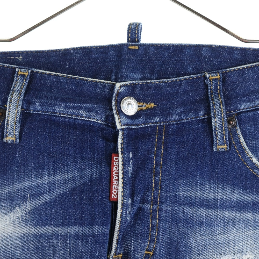 DSQUARED2(ディースクエアード) 23SS ロゴ パッチ ダメージウォッシュ加工 ボタンフライ デニムパンツ インディゴブルー S74LB1265