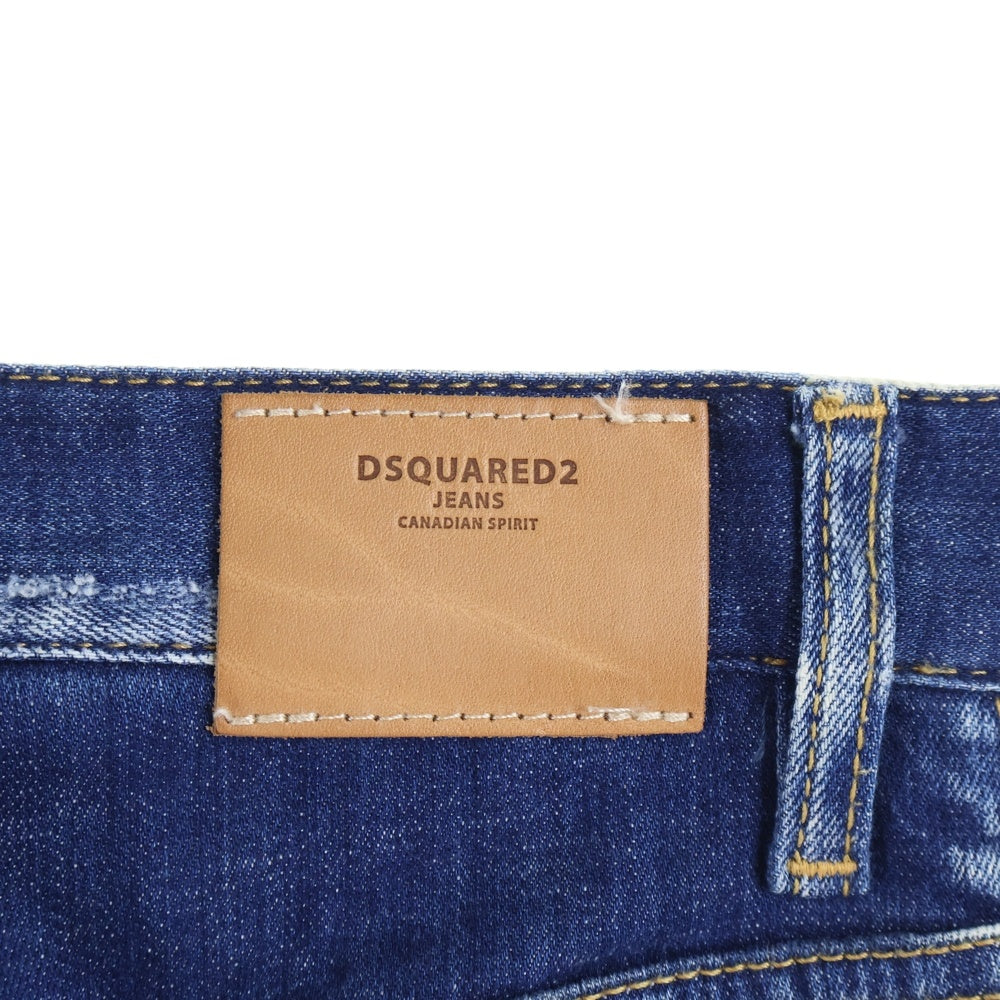 DSQUARED2(ディースクエアード) 23SS ロゴ パッチ ダメージウォッシュ加工 ボタンフライ デニムパンツ インディゴブルー S74LB1265