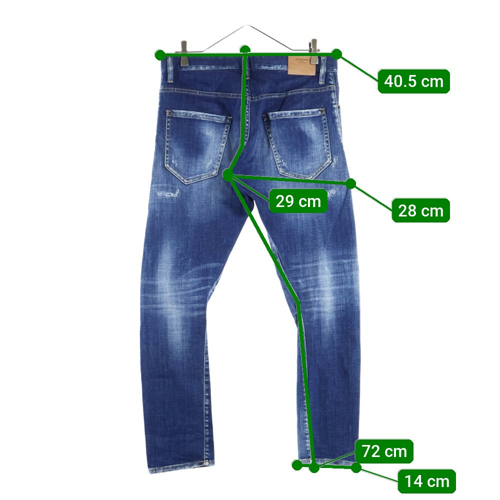 DSQUARED2(ディースクエアード) 23SS ロゴ パッチ ダメージウォッシュ加工 ボタンフライ デニムパンツ インディゴブルー S74LB1265