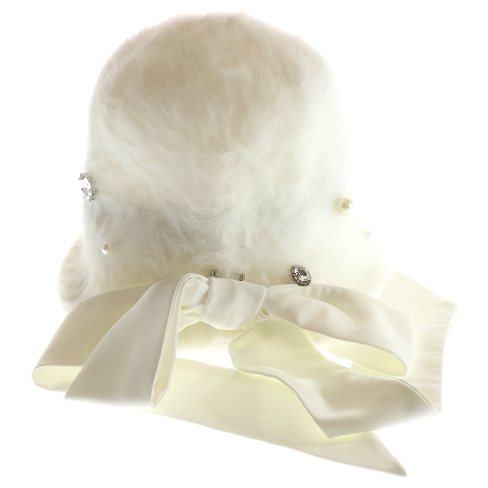 NO BRAND(ノーブランド) M me eme エムミーエメ BIJOU RIBBON FEATHER BUCKET HAT ビジュー リボン フェザーバケットハット 帽子 ホワイト レディース 10387