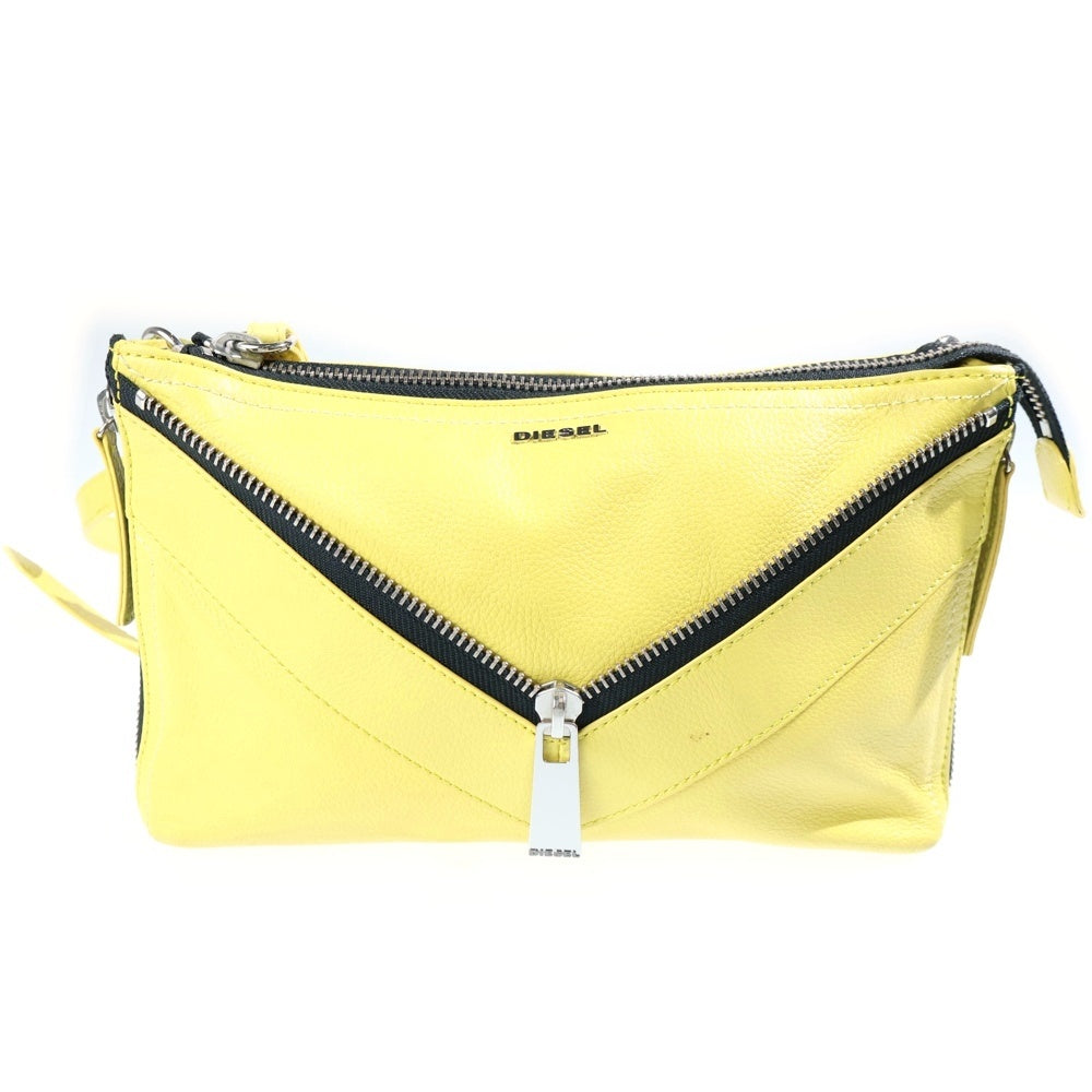 DIESEL(ディーゼル) Vジップデザイン ロゴプレート レザー ショルダーバッグ イエロー