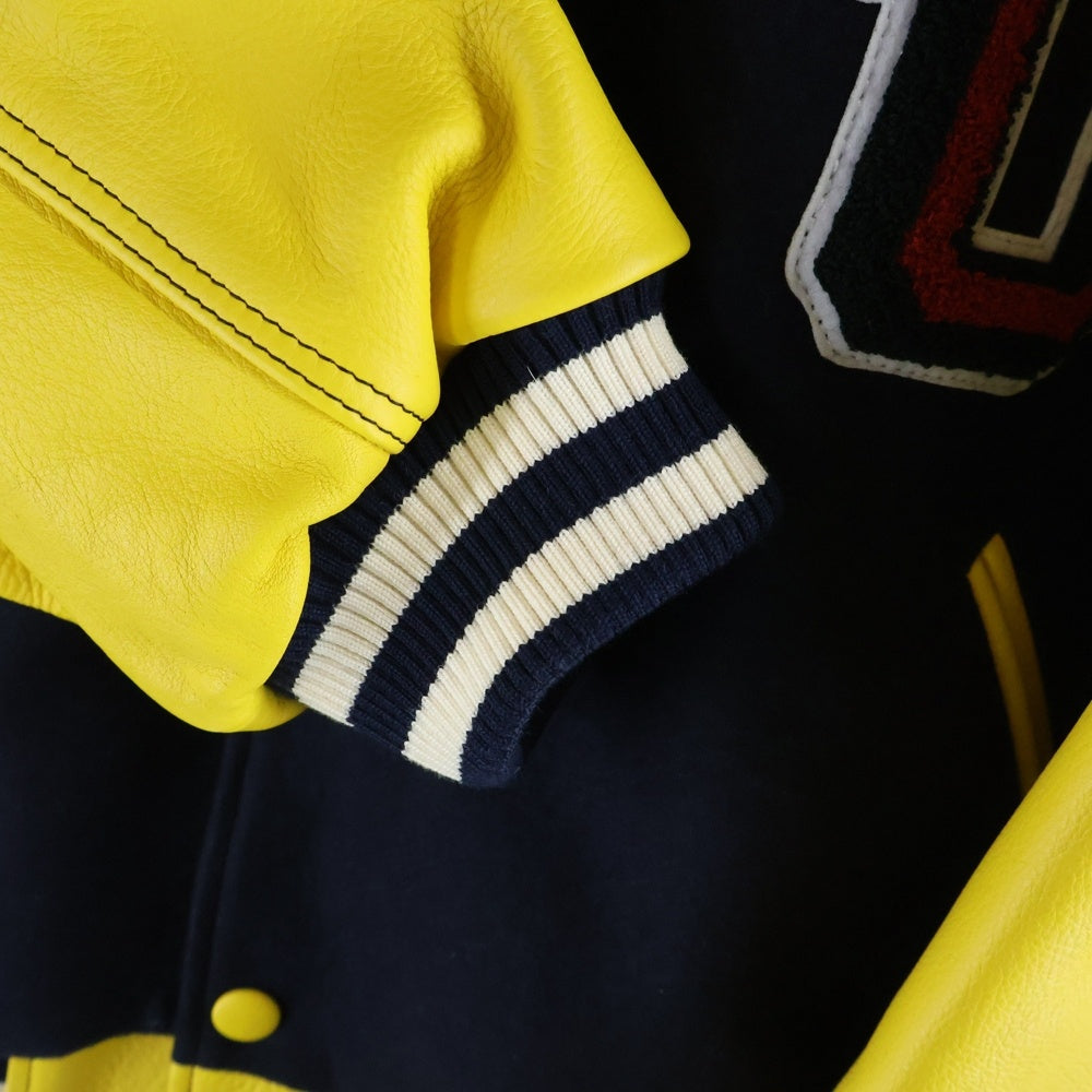 KENZO(ケンゾー) 22AW TIGER VARSITY LEATHER SLEEVE JACKET タイガーバーシティジャケット アームレザー切替 ブルゾン ネイビー/イエロー FC65BL1379OM