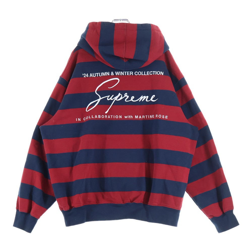 SUPREME(シュプリーム) 24AW ×MARTINE ROSE Hooded Sweatshirt マーティンローズ ボーダー 両面刺繍デザイン スウェット プルオーバーパーカー レッド/ネイビー