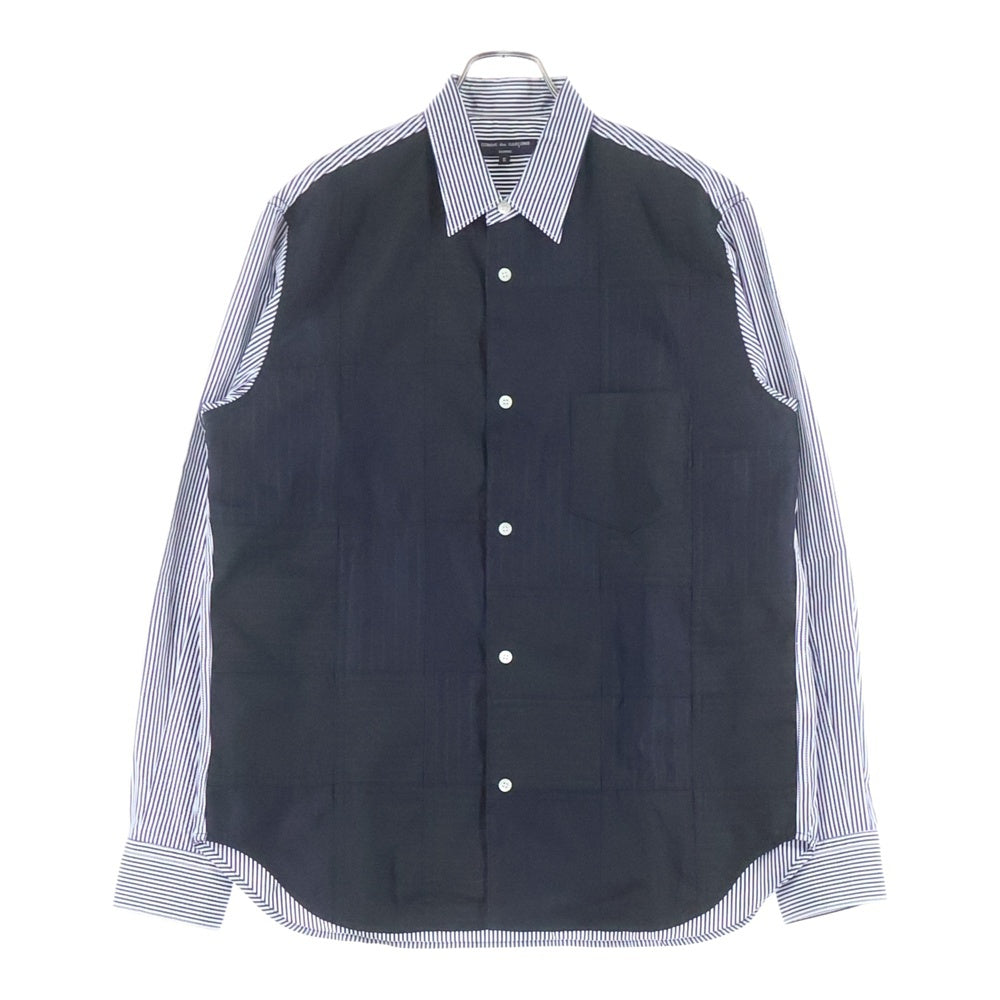 COMME des GARCONS HOMME(コムデギャルソンオム) 23SS AD2022 フロントパッチワーク切替 長袖ストライプシャツ ブラック/ホワイト HK-B016