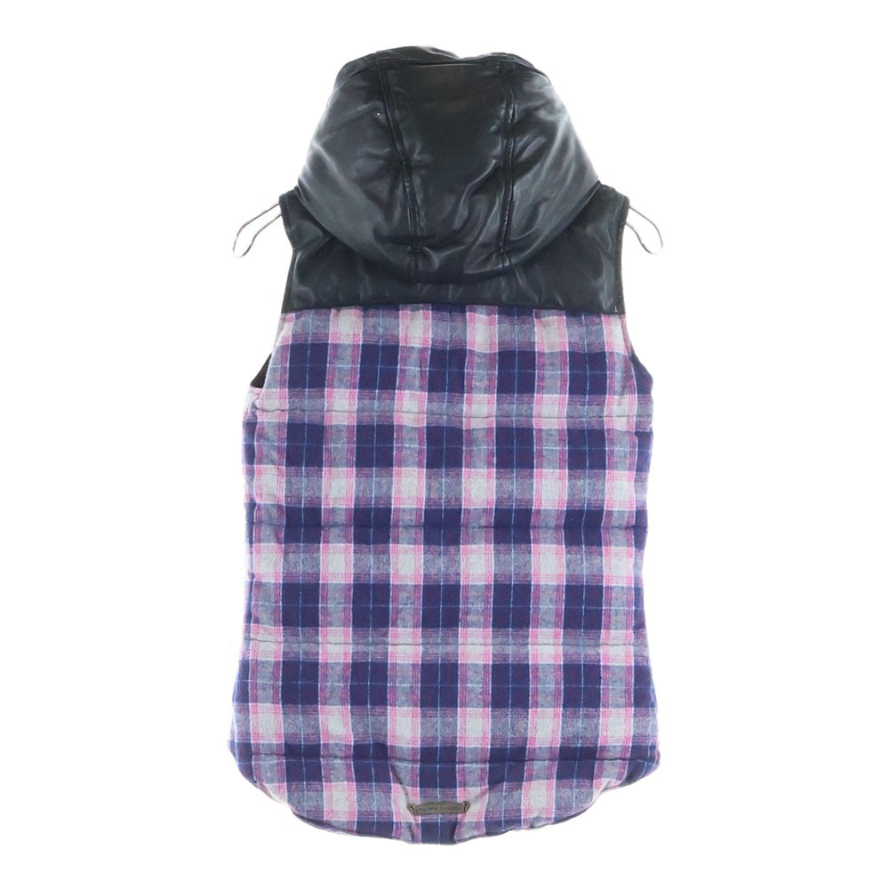 CHROME HEARTS(クロムハーツ) STIFF VEST スティッフ レザー切替 チェック柄 フーデッドダウンベスト ブラック/ピンク/ネイビー