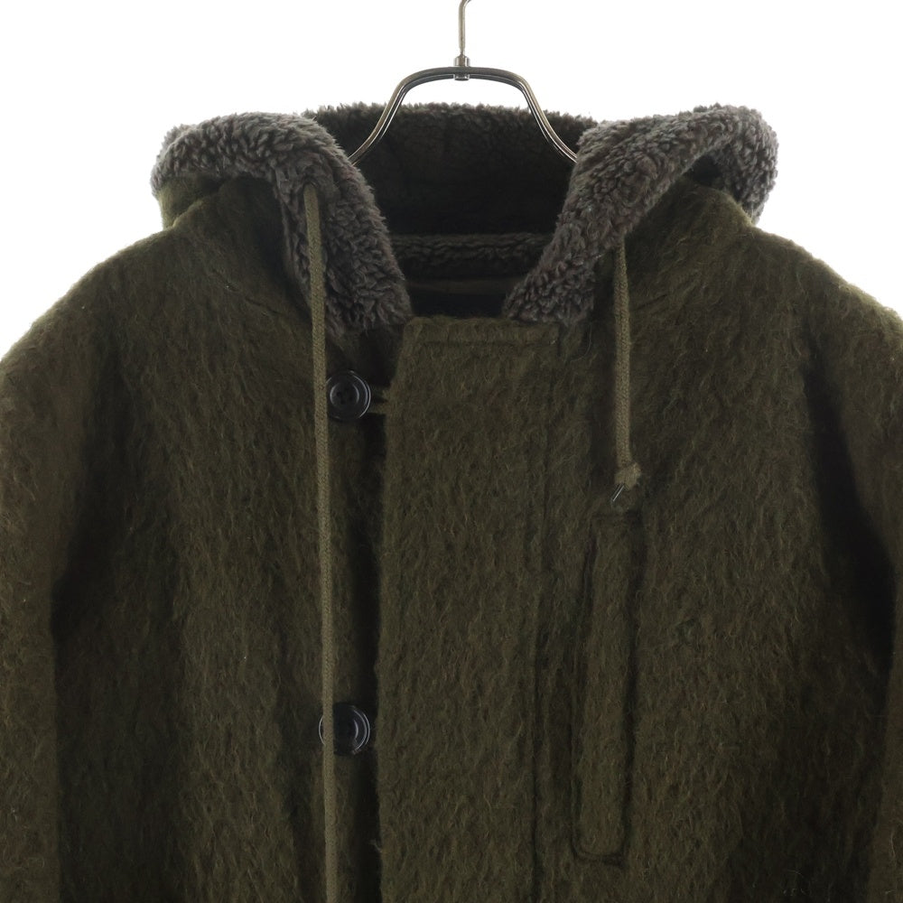 LOUNGE LIZARD(ラウンジリザード) ウール混 ボアフーデッド ダッフルコート カーキ