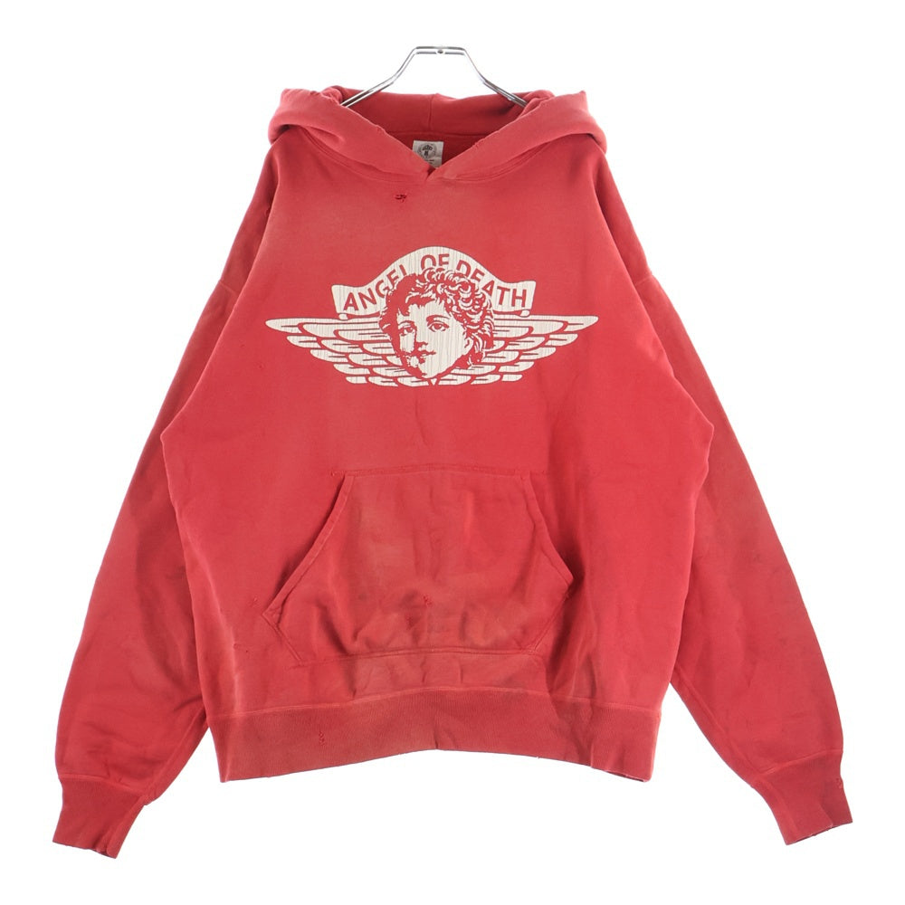 SAINT MICHAEL(セントマイケル) 22SS ANGEL HOODIE ヴィンテージ加工 エンジェルプリント プルオーバースウェットパーカー フーディー レッド SM-S22-0000-042