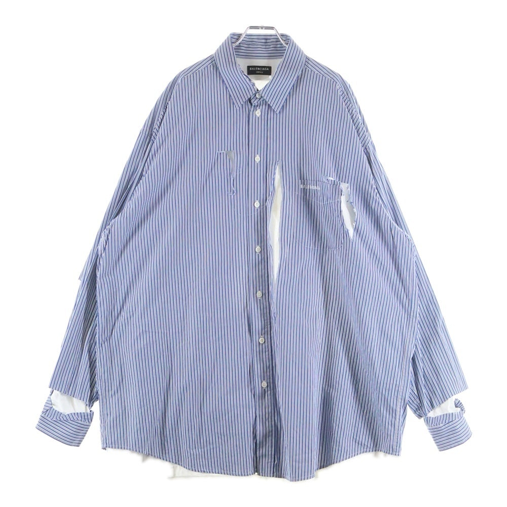 BALENCIAGA(バレンシアガ) BLUE SHIRT WITH LOGO ブルー ロゴデザイン ダメージ加工 ストライプ柄 ドッキング 長袖シャツ ブルー 661417 TKM23 4011