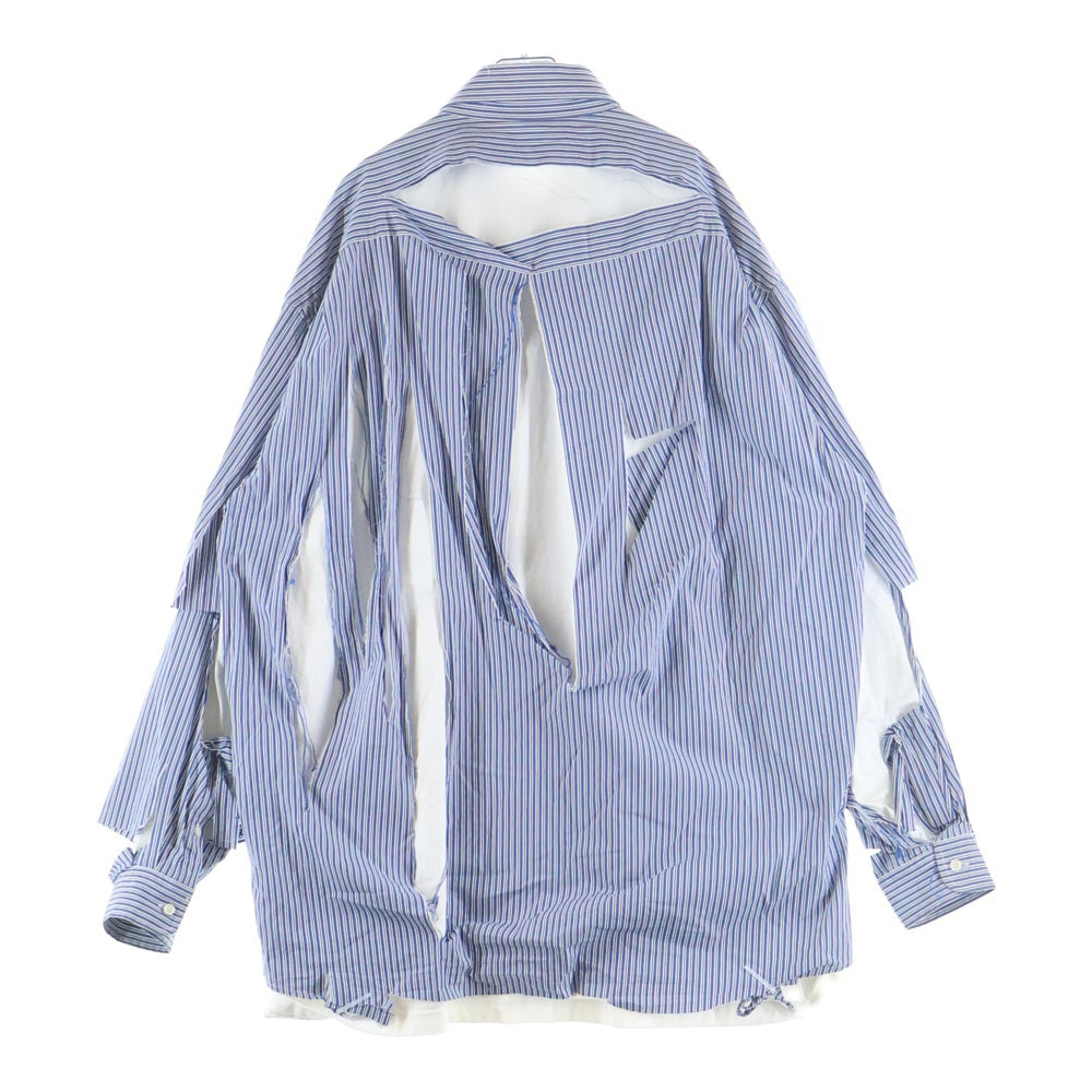 BALENCIAGA(バレンシアガ) BLUE SHIRT WITH LOGO ブルー ロゴデザイン ダメージ加工 ストライプ柄 ドッキング 長袖シャツ ブルー 661417 TKM23 4011