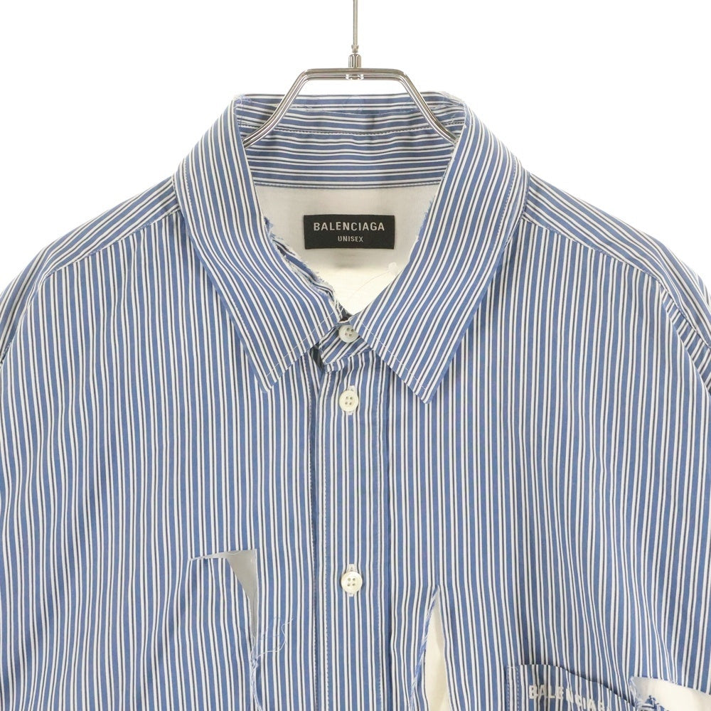 BALENCIAGA(バレンシアガ) BLUE SHIRT WITH LOGO ブルー ロゴデザイン ダメージ加工 ストライプ柄 ドッキング 長袖シャツ ブルー 661417 TKM23 4011