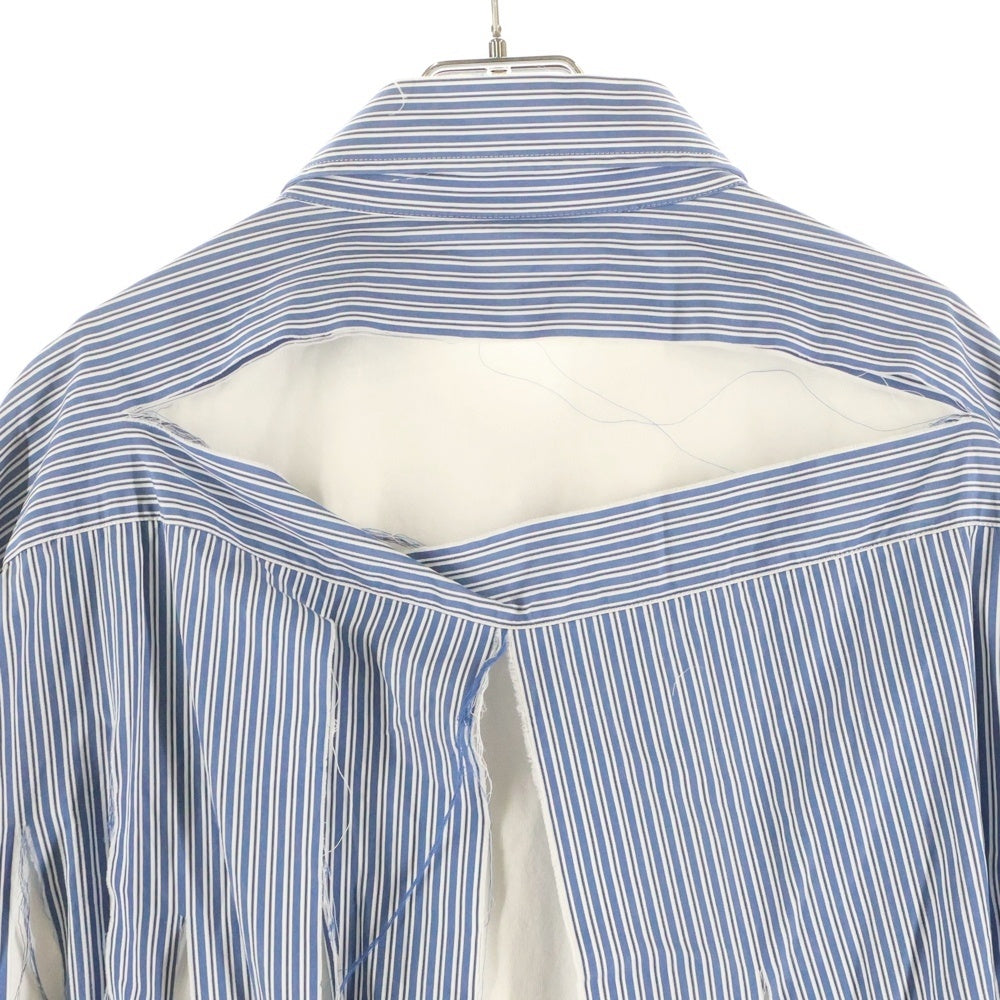 BALENCIAGA(バレンシアガ) BLUE SHIRT WITH LOGO ブルー ロゴデザイン ダメージ加工 ストライプ柄 ドッキング 長袖シャツ ブルー 661417 TKM23 4011