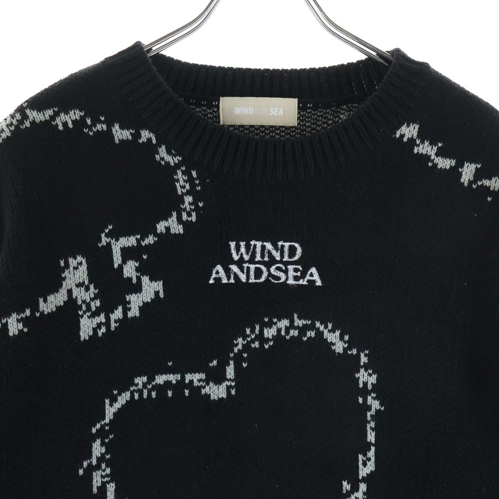 WIND AND SEA(ウィンダンシー) スートデザイン ロゴ刺繍 クルーネック コットンアクリルニット セーター ブラック WDS-0-HTSP-25-Q2-KN-02