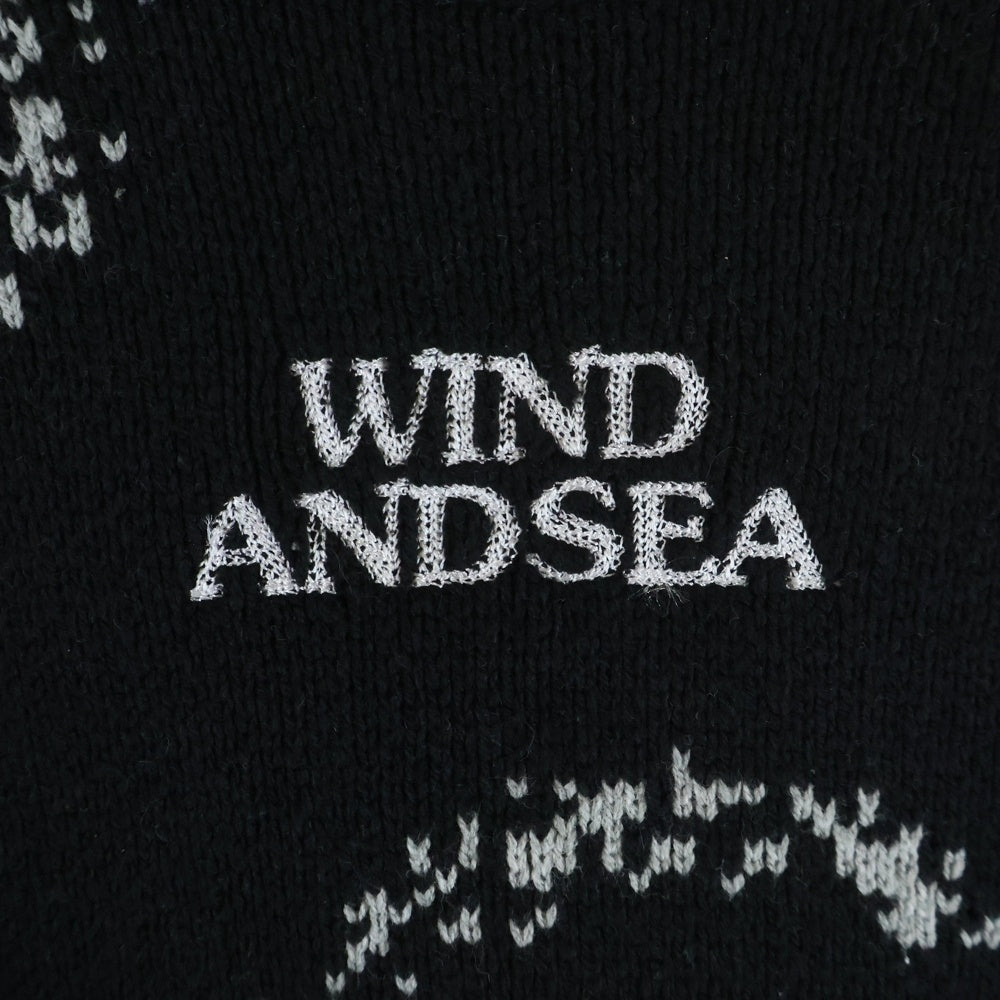 WIND AND SEA(ウィンダンシー) スートデザイン ロゴ刺繍 クルーネック コットンアクリルニット セーター ブラック WDS-0-HTSP-25-Q2-KN-02