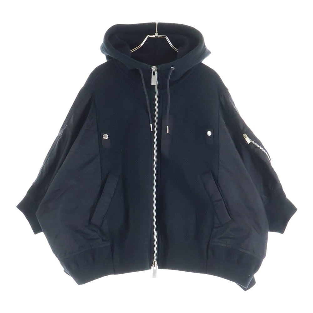 Sacai(サカイ) コットン ナイロン クロップドスリーブ ダブルジップアップ フーデッド ブルゾン ジャケット レディース ブラック 21-05577