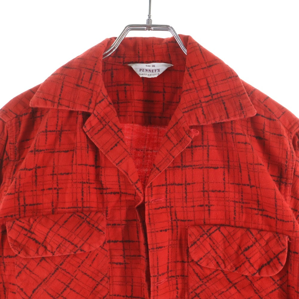 PENNEY'S(ぺニーズ) 50-60S VINTAGE ヴィンテージ 三角タグ チェック コットン オープンカラー長袖シャツ レッド