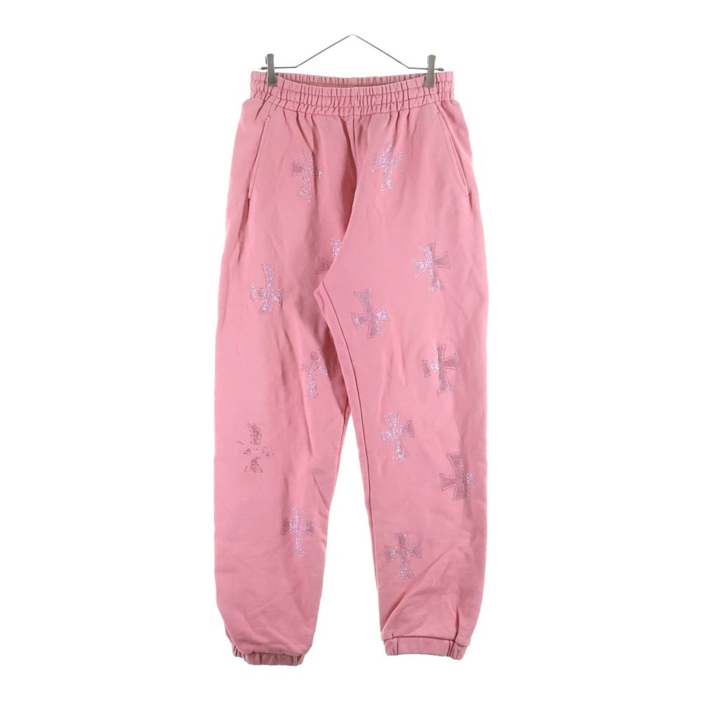 UNKNOWN LONDON(アンノーンロンドン) ラインストーン クロスデザイン スウェットパンツ ピンク