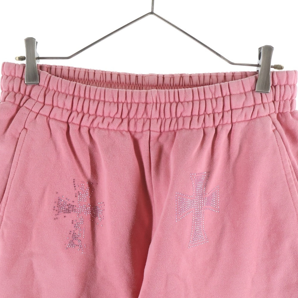 UNKNOWN LONDON(アンノーンロンドン) ラインストーン クロスデザイン スウェットパンツ ピンク