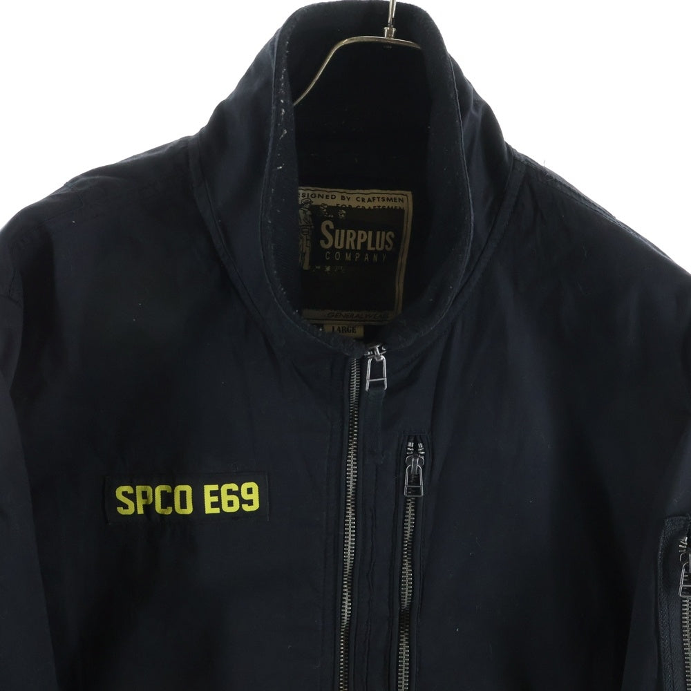 NO BRAND(ノーブランド) SURPLUS COMPANY サープラスカンパニー スリーブロゴ刺繍 ジップアップ コットン フライトジャケット ブラック 2S5-5985
