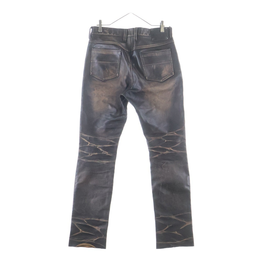 ISAMU KATAYAMA BACKLASH(イサムカタヤマバックラッシュ) 25SS 茶芯ジャパンステアヴィンテージ加工 ボタンフライカウレザーパンツ 2144-01