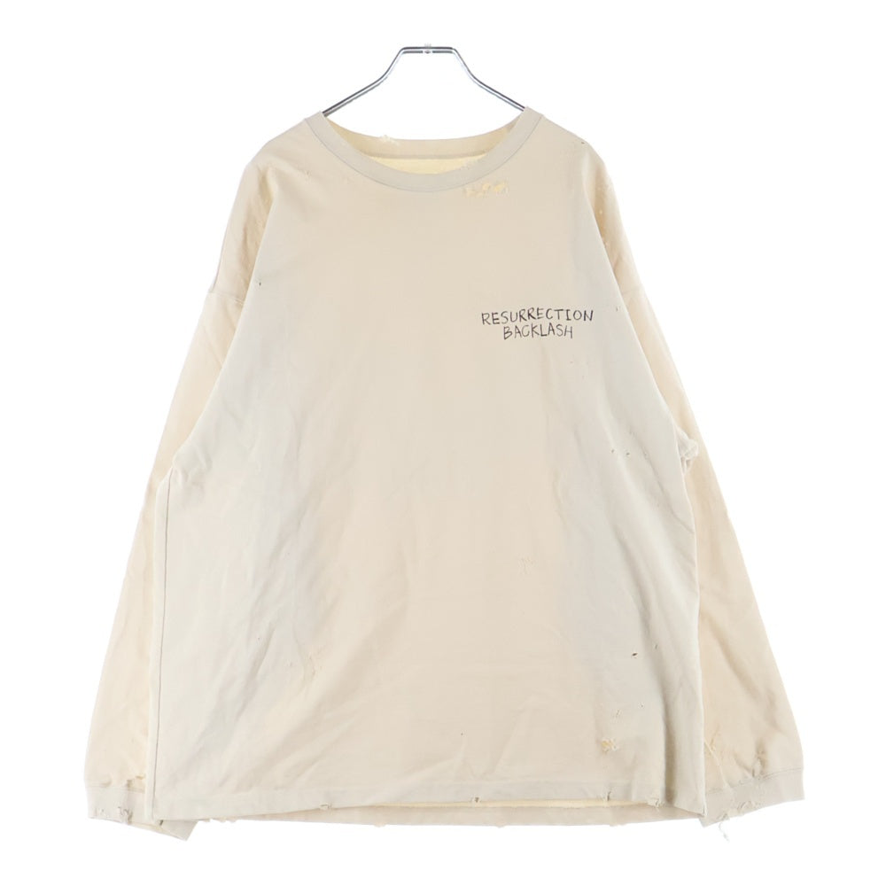 ISAMU KATAYAMA BACKLASH(イサムカタヤマバックラッシュ) 24SS ×RESURRECTION レザレクション コットン天竺製品染 ダメージ加工Tシャツ 長袖クルーネックカットソー ベージュ RES-2111-02