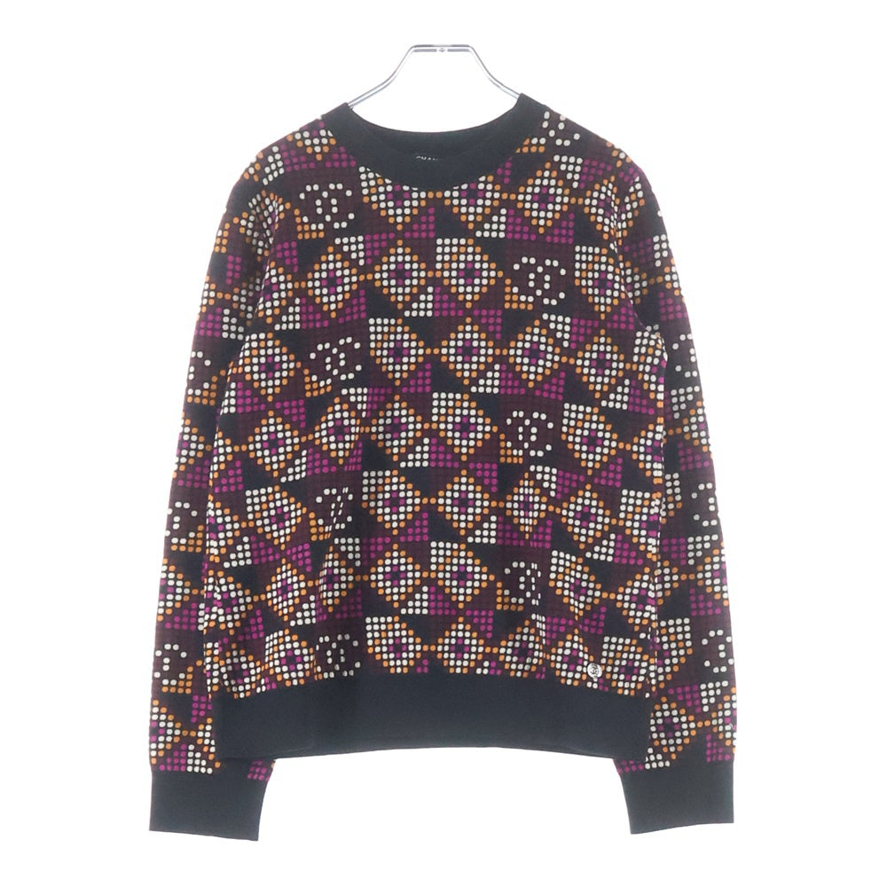 CHANEL(シャネル) 23AW ジオメトリック ココマークミニプレート クルーネック コットンニット セーター ブラック/パープル レディース P75395K10798