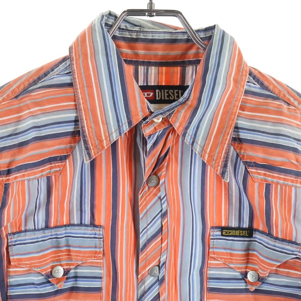 DIESEL(ディーゼル) 00S ストライプ スナップボタン ウエスタン長袖シャツ オレンジ/ブルー レディース