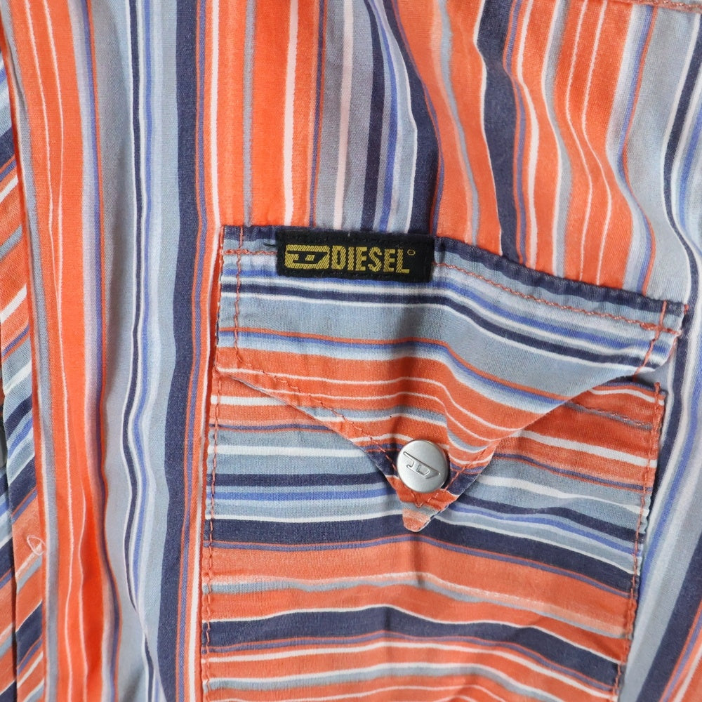 DIESEL(ディーゼル) 00S ストライプ スナップボタン ウエスタン長袖シャツ オレンジ/ブルー レディース