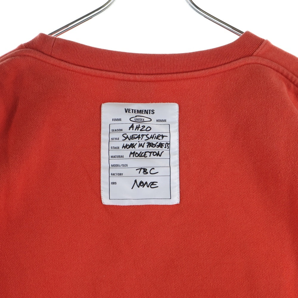 VETEMENTS(ヴェトモン) アトリエパッチ クルーネック スウェット トレーナー オレンジ UAH20TR763