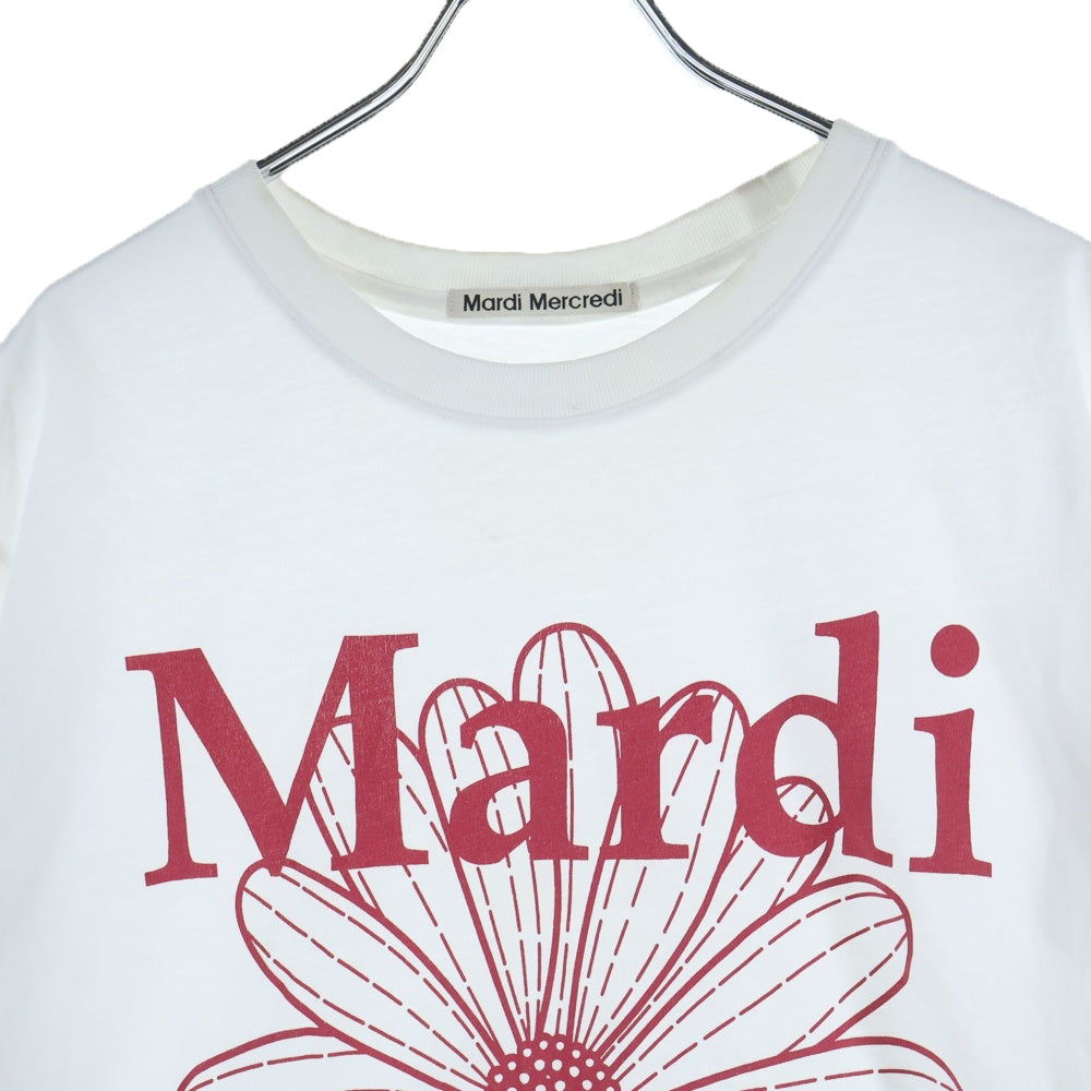 Mardi Mercredi(マルディメクルディ) FLOWER フラワーロゴプリント クルーネック 半袖Tシャツ カットソー ホワイト レディース