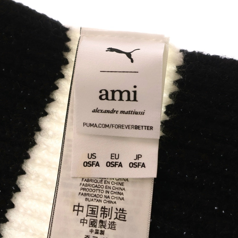 AMI Alexandre Mattiussi(アミアレクサンドルマテュッシ) ×PUMA ダブルネームロゴ ボーダー アクリルウールニット フリンジマフラー ホワイト/ブラック 054261-01