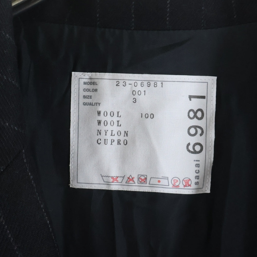 Sacai(サカイ) 23AW CHALK STRIPE JACKET 変形デザイン ショート丈 ストライプ テーラードジャケット ブラック 23-06981 レディース