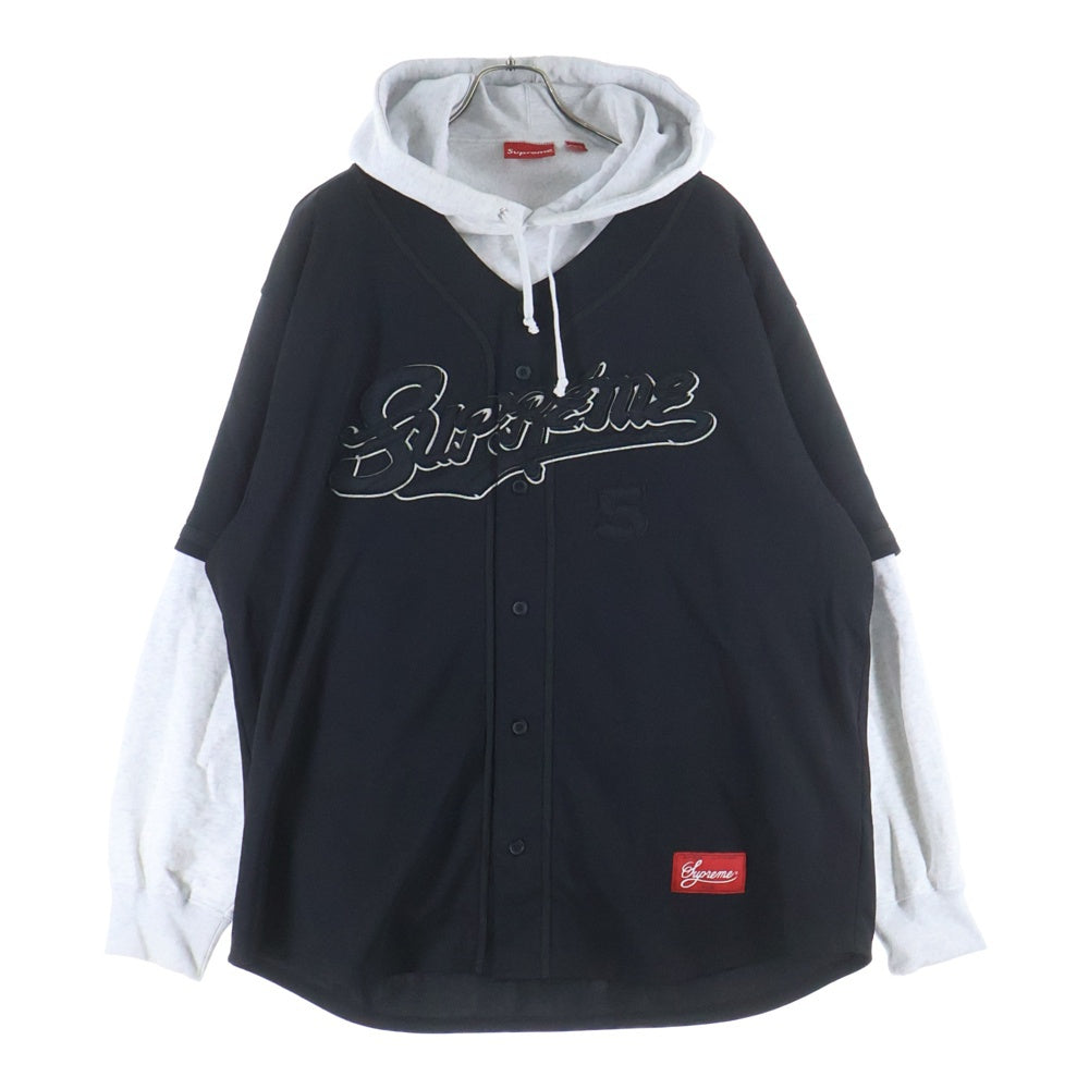 SUPREME(シュプリーム) 22SS Baseball Jersey hooded sweatshirt フロント エンブロイダリー ベースボール レイヤード スウェット プルオーバー パーカーフーディ ブラック/グレー