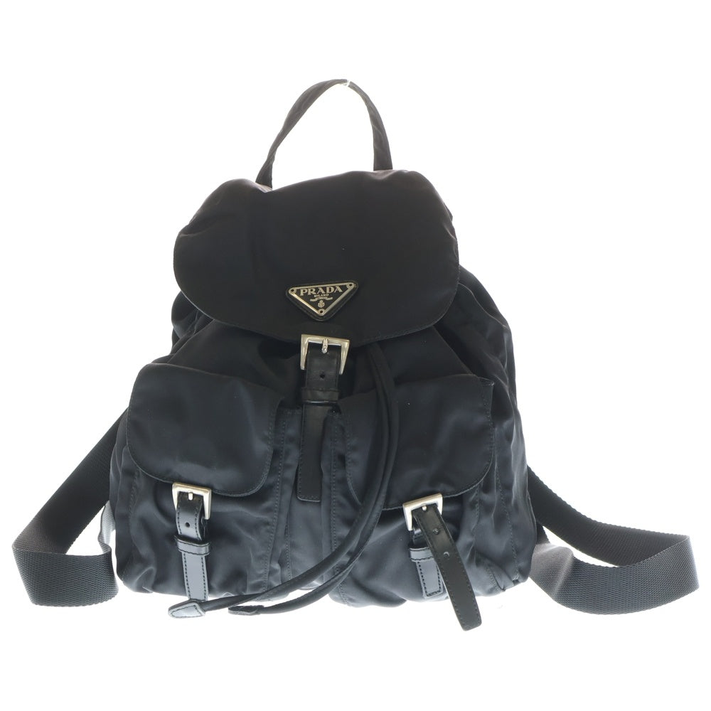 PRADA(プラダ) トライアングルロゴプレート ミニ テスートナイロン サフィアーノレザー ドローストリング バックパック ブラック レディース
