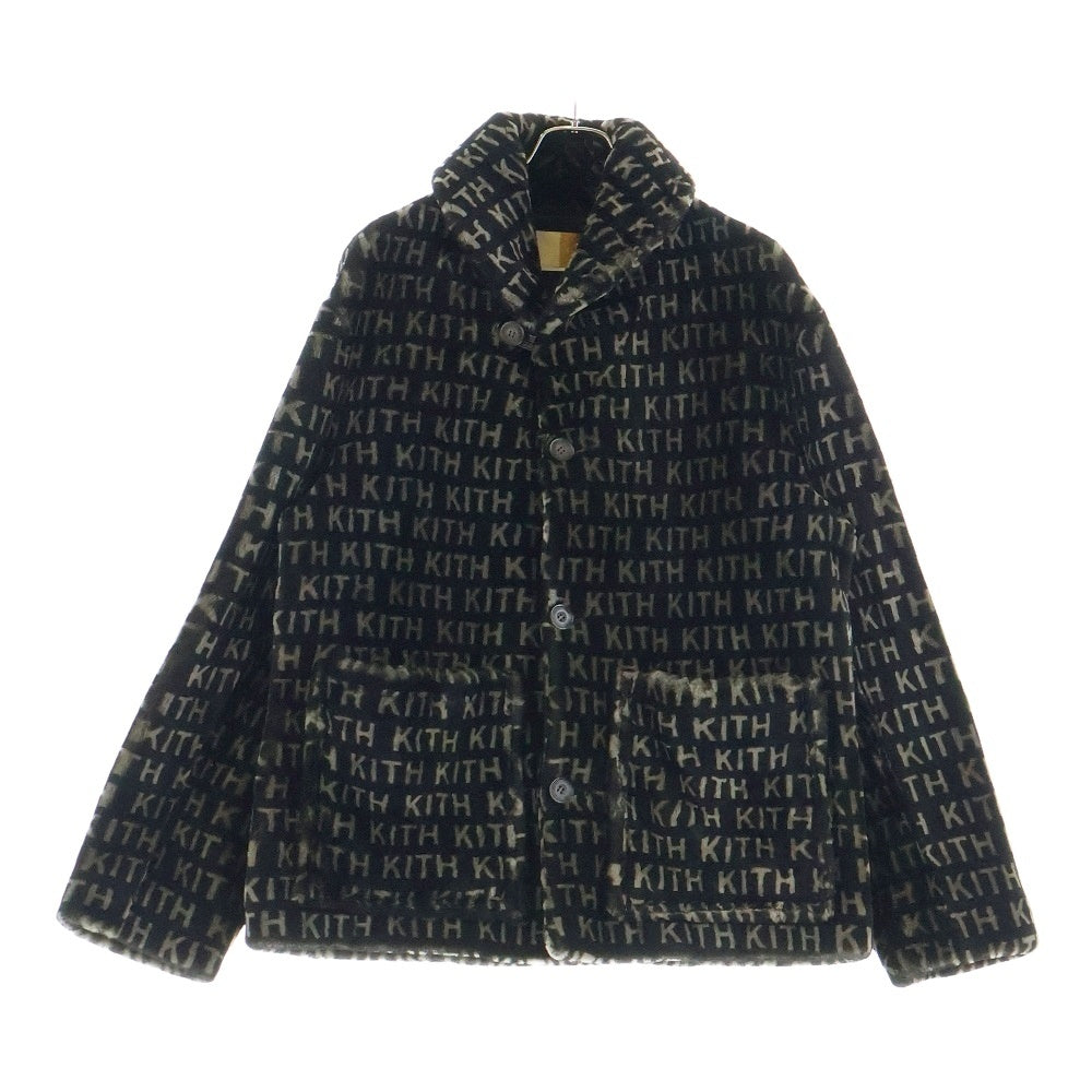 KITH(キス) 22AW PRINTED SHEARLING SHORT BECKER COAT 総柄ロゴプリント ショート ラムファーベッカーコート ブラック/ベージュ
