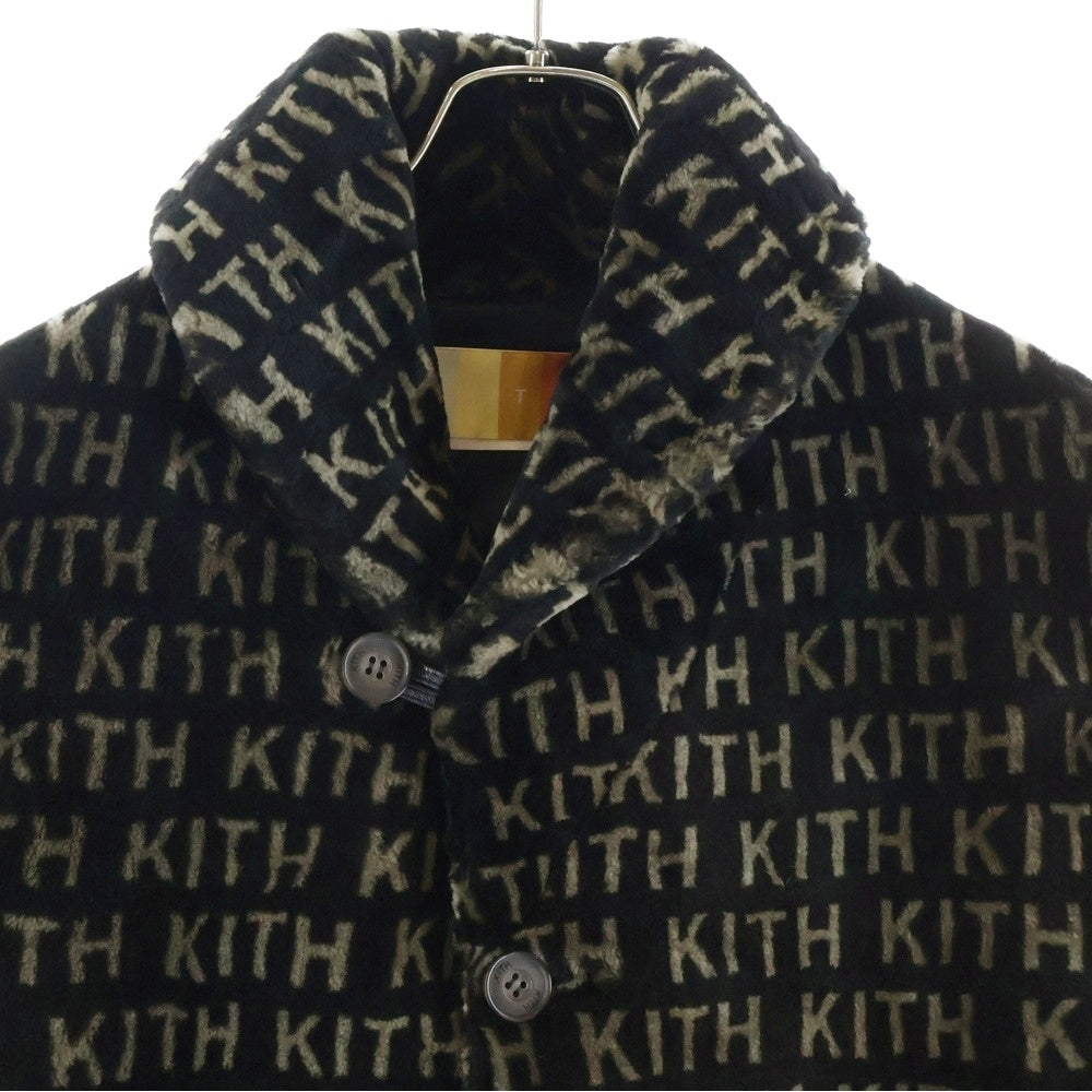 KITH(キス) 22AW PRINTED SHEARLING SHORT BECKER COAT 総柄ロゴプリント ショート ラムファーベッカーコート ブラック/ベージュ