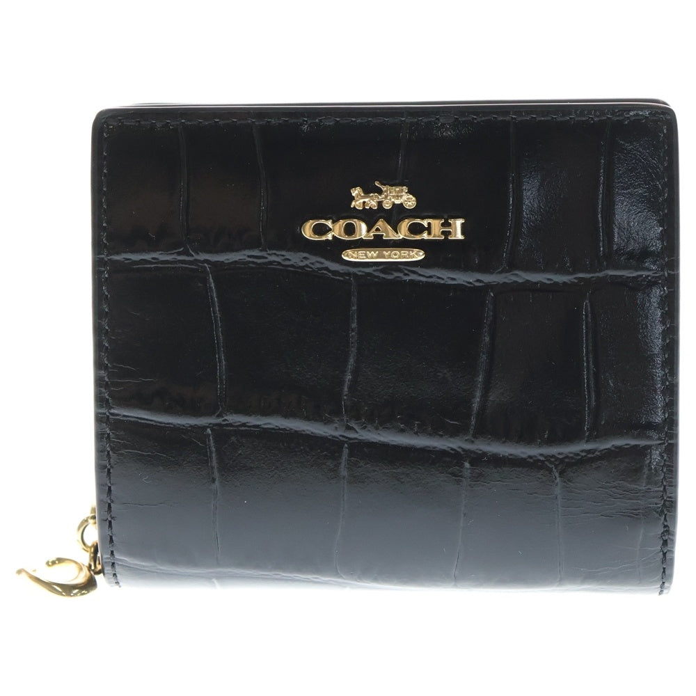 COACH(コーチ) ロゴ刻印 クロコ型押し コンパクトレザーウォレット 財布 ブラック