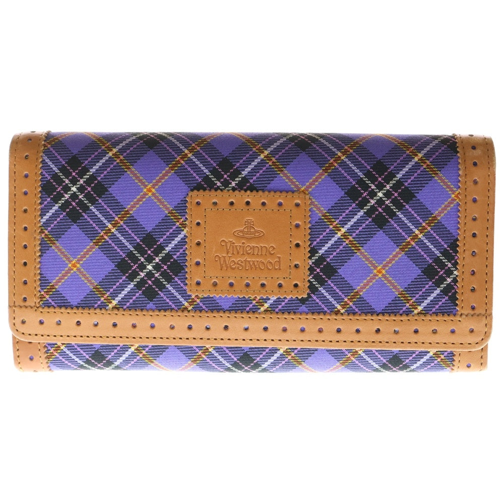 Vivienne Westwood(ヴィヴィアンウエストウッド) ロゴ刻印 ノバチェック レザー切り替え キャンバスウォレット 長財布 パープル/ブラウン