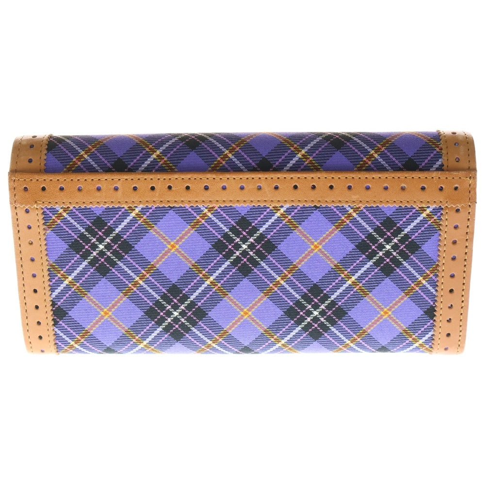 Vivienne Westwood(ヴィヴィアンウエストウッド) ロゴ刻印 ノバチェック レザー切り替え キャンバスウォレット 長財布 パープル/ブラウン
