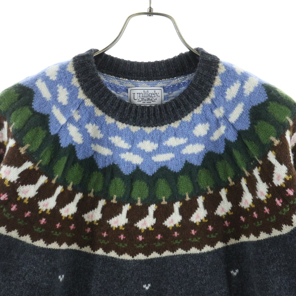 Unlikely(アンライクリー) FAIR ISLE DUCK フェアアイル 刺繍総柄 クルーネックニットセーター マルチカラー U25F-15-0005